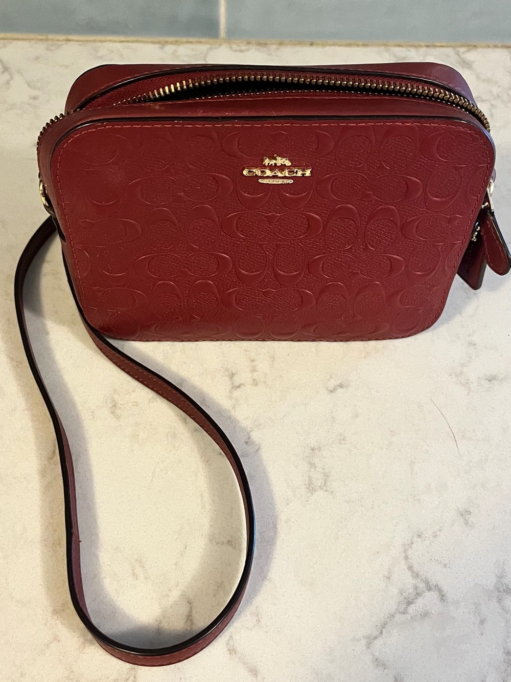 Coach Red Embossed Signature Crossbody Camera Bag with Gold Hardware